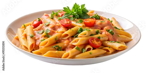 Penne allay Vodka pasta in a pink tomato cream sauce isolated on white background.