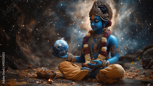 Lord Krishna holds the earth in his hand and looks with love. Against the background of outer space. Close-up with zoom.