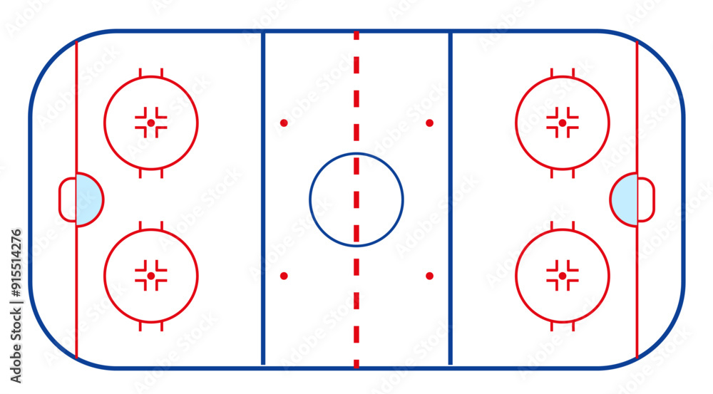 Naklejka premium The essential markings and areas of a standard ice hockey rink, highlighting goal zones and play areas. Vector illustration