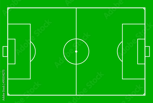 A vibrant soccer field featuring clear markings for goals and center circle, illuminated by bright daylight. Vector illustration