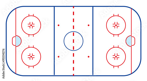 The essential markings and areas of a standard ice hockey rink, highlighting goal zones and play areas. Vector illustration