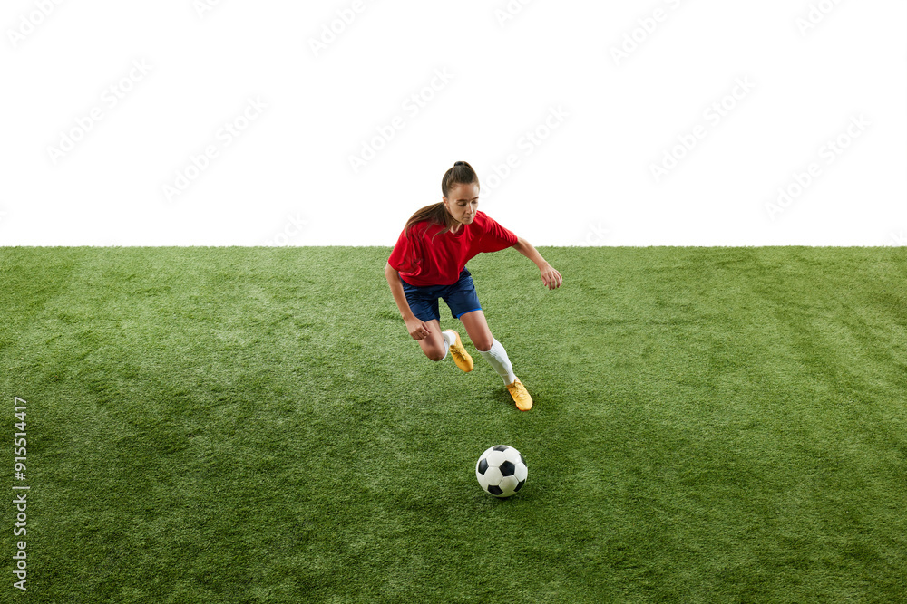 Competitive young woman, soccer player running across football field, dribbling ball in motion against white background. Concept of women and sport, team games, movement, victory, action. Ad Competitive young woman, soccer player running across football field, dribbling ball in motion against white background. Concept of women and sport, team games, movement, victory, action. Ad