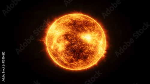 Glowing orange sun, detailed surface texture, solar flares, corona visible, large prominent sunspot, high contrast, celestial body, astronomical photography, space imagery.