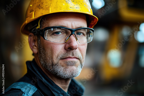 Steel plant employee in mid-age with safety glasses and a yellow helmet, looking at the camera against a blurred background, captured using a Sony Alpha a7 III and macro lens for a sharp focus on work