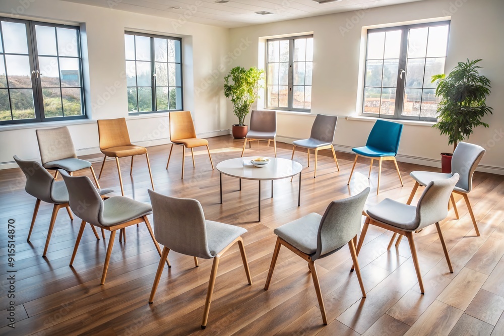 Empty chairs in a circle on a modern room floor awaiting a diverse group of individuals for a communal therapy or support session. Empty chairs in a circle on a modern room floor awaiting a diverse group of individuals for a communal therapy or support session.