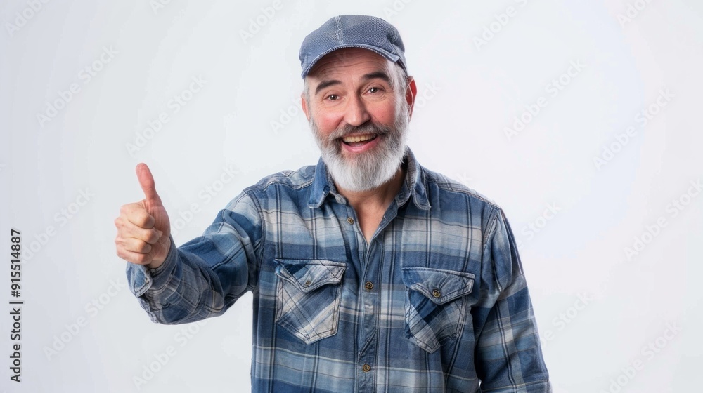 Naklejka premium A man with a blue plaid shirt and a hat is giving a thumbs up