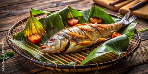 Gourmet fish cooking in banana leaves on traditional globe grill, exotic cuisine, sustainable cooking, gourmet photo