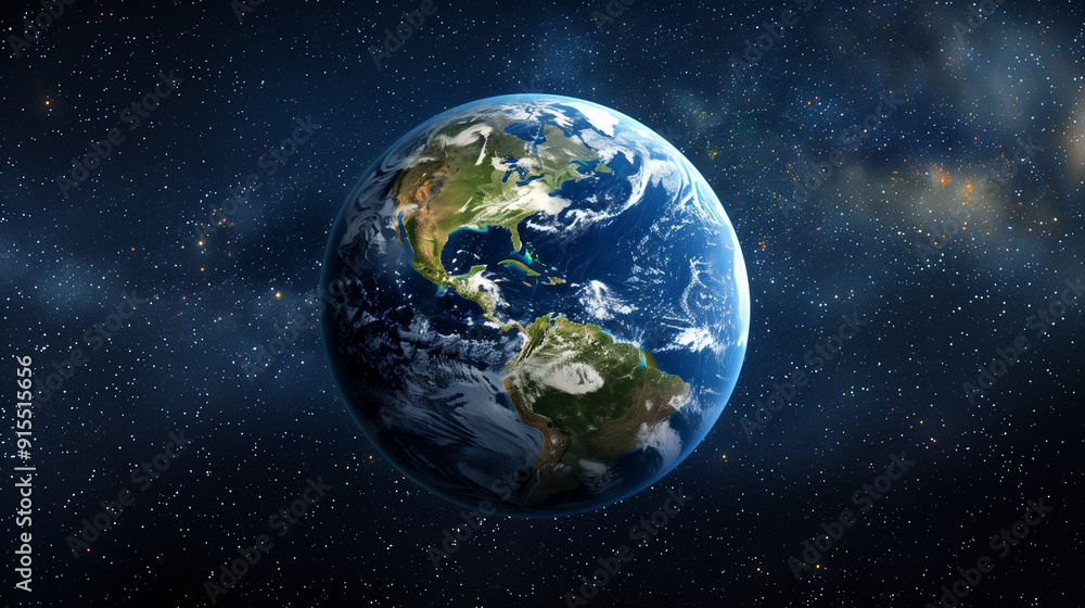 Obraz premium Planet earth from the space at night . 3d render. Planet Earth showcases a mesmerizing spectacle of city lights and clouds from space split between night and day with twinkling stars overhead.