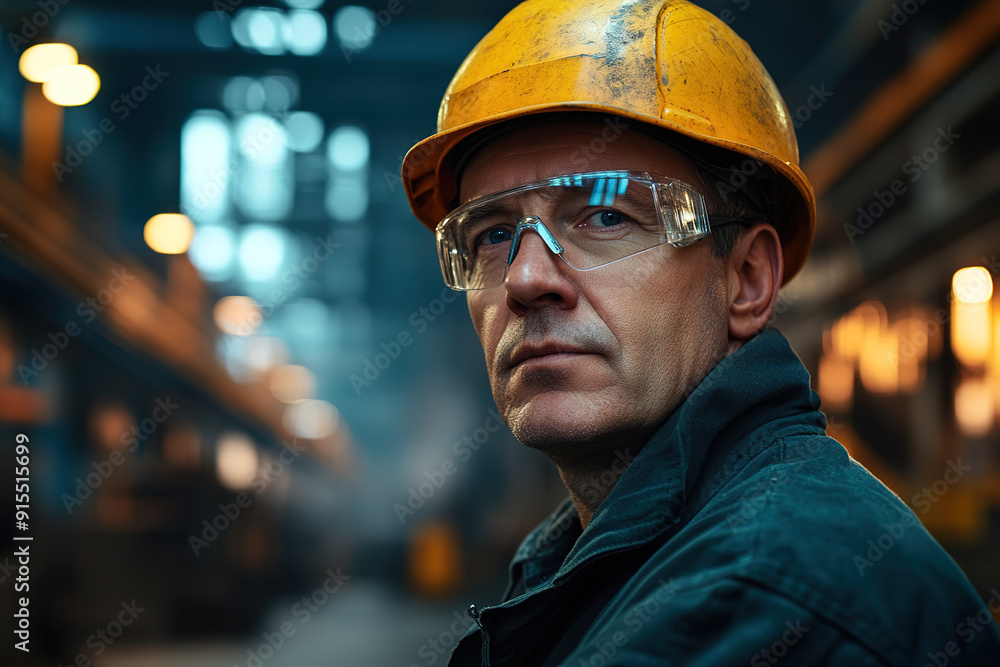 Professional steel worker wearing a yellow helmet and safety glasses, facing the camera with a softly blurred factory backdrop, captured in detail with Sony Alpha a7 III and macro lens to emphasize in Professional steel worker wearing a yellow helmet and safety glasses, facing the camera with a softly blurred factory backdrop, captured in detail with Sony Alpha a7 III and macro lens to emphasize in