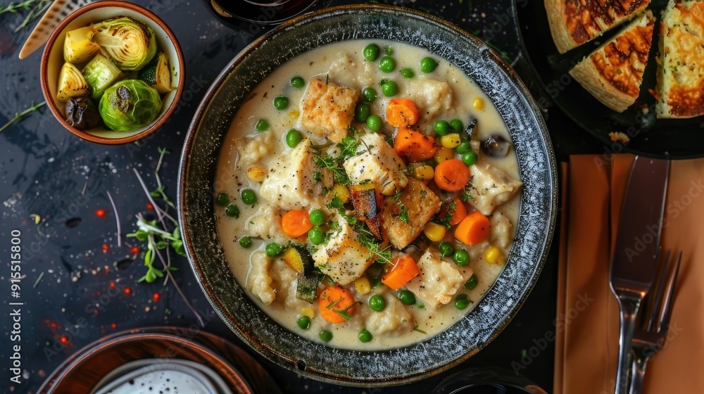 Creamy chicken and dumplings with carrots, peas, cornbread, roasted Brussels sprouts, and a side of roasted zucchini Creamy chicken and dumplings with carrots, peas, cornbread, roasted Brussels sprouts, and a side of roasted zucchini