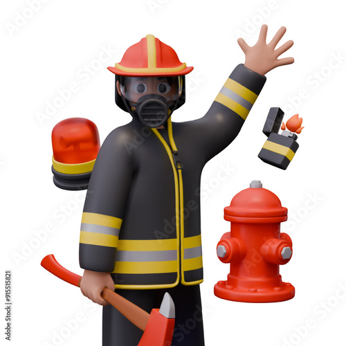 3D fireman holding fire ax and pointing up. Red fire hydrant, alarm lamp, lighter with fire