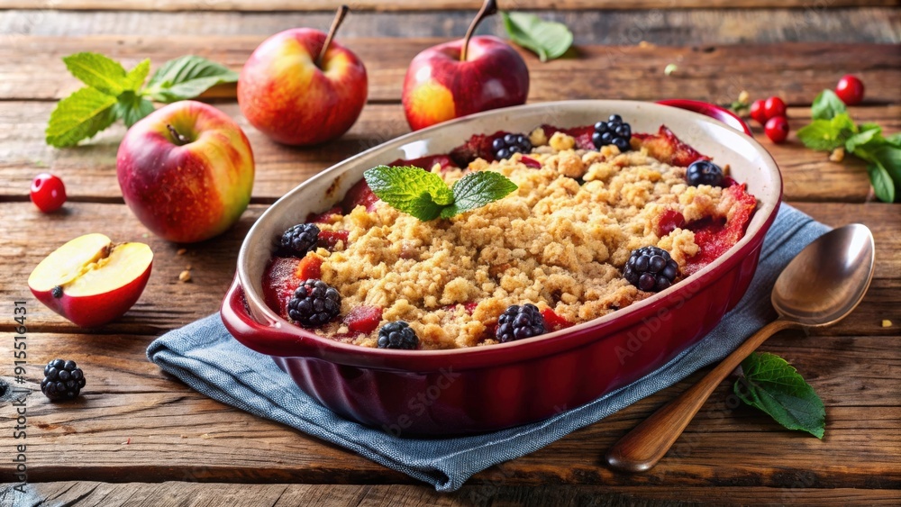 Delicious apple and blackberry crumble served in a rustic dish , dessert, fruit, homemade, baking, culinary, sweet Delicious apple and blackberry crumble served in a rustic dish , dessert, fruit, homemade, baking, culinary, sweet