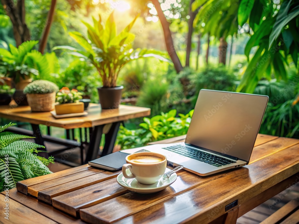 Cozy cafe atmosphere with laptop, coffee, and notebooks on a wooden table, surrounded by greenery, symbolizing a peaceful remote work lifestyle setting. Cozy cafe atmosphere with laptop, coffee, and notebooks on a wooden table, surrounded by greenery, symbolizing a peaceful remote work lifestyle setting.