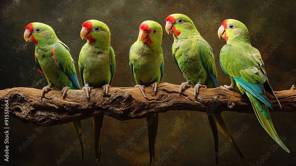 Obraz premium A vibrant group of green parrots perched on a branch, showcasing their colorful feathers and lively expressions.