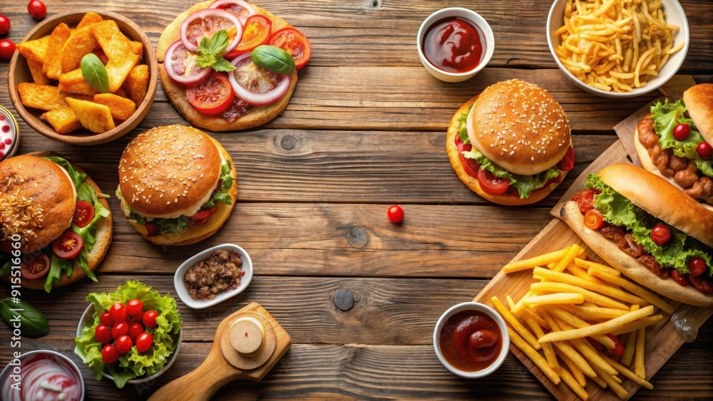 A table full of delicious fast food items like hamburgers, fries, and pizza, fast food, table setting, hamburgers, fries A table full of delicious fast food items like hamburgers, fries, and pizza, fast food, table setting, hamburgers, fries