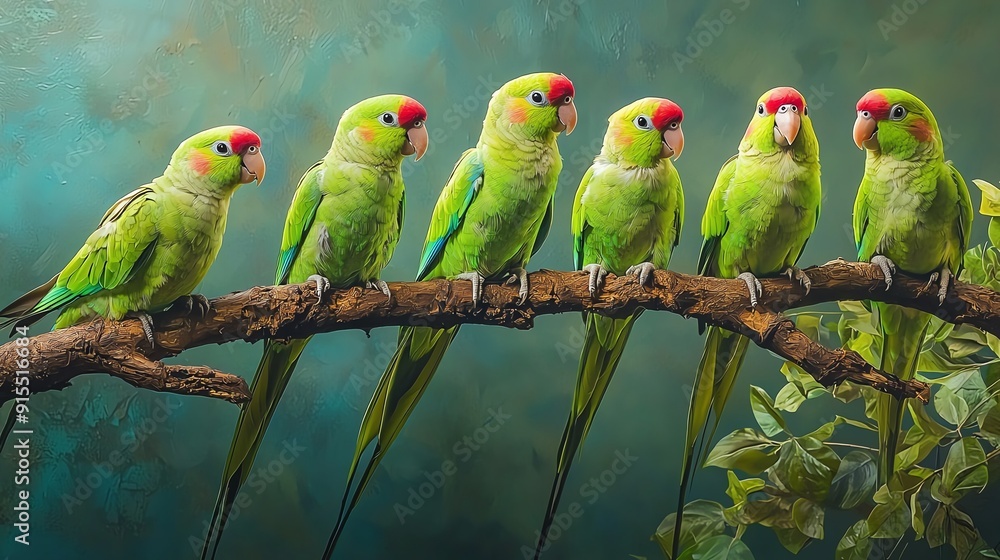 Obraz premium A vibrant group of colorful parrots perched closely on a branch, showcasing their striking green feathers and bright red beaks.
