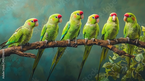 Wallpaper Mural A vibrant group of colorful parrots perched closely on a branch, showcasing their striking green feathers and bright red beaks. Torontodigital.ca