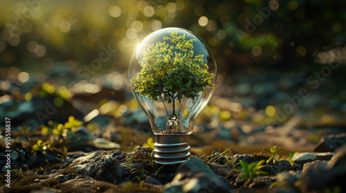 Of a tree sprouting in a light bulb as a representation of the harmonious relationship between ecology and technology Technology