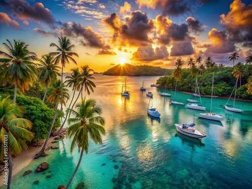 Vibrant sunrise over turquoise lagoon, with sailboats and palm trees lining the shore of a serene tropical island paradise.