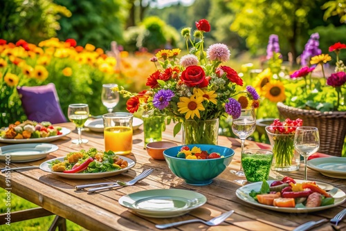 Wallpaper Mural A beautifully set garden table with vibrant flowers and delicious salads, surrounded by colorful plates and glasses, awaiting a big joyful family celebration. Torontodigital.ca