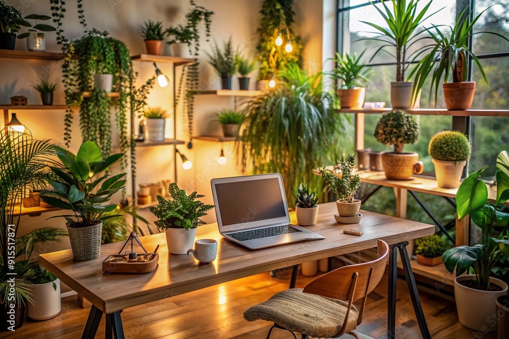 A cozy and stylish home office setup with a laptop on a wooden desk, surrounded by plants and warm lighting. A cozy and stylish home office setup with a laptop on a wooden desk, surrounded by plants and warm lighting.