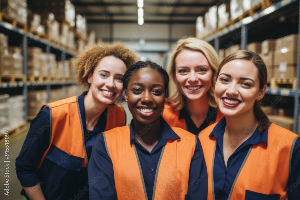 Smiling portrait of a young and diverse group of women in warehouse Smiling portrait of a young and diverse group of women in warehouse