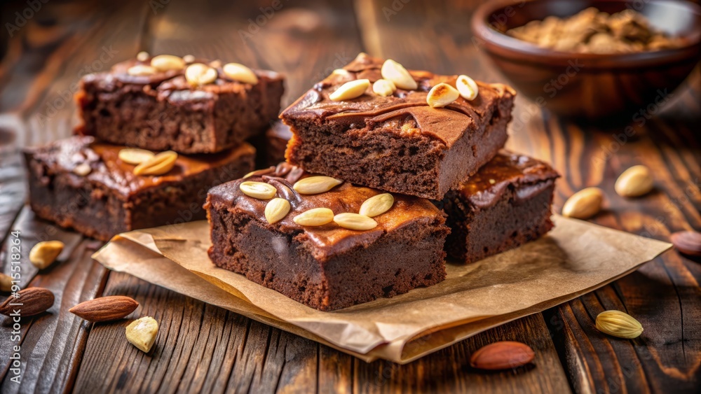 Rich, fudgy chocolate brownies with a crunchy almond topping sit atop a rustic wooden surface, exuding warmth and comforting aromas in a cozy kitchen setting. Rich, fudgy chocolate brownies with a crunchy almond topping sit atop a rustic wooden surface, exuding warmth and comforting aromas in a cozy kitchen setting.