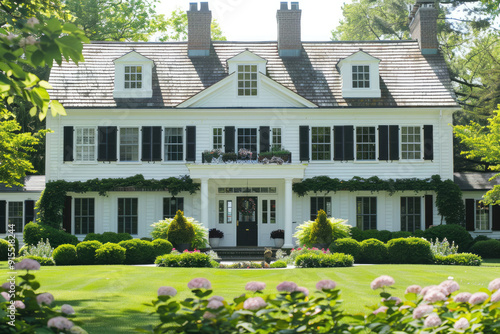 White colonial style home with black shutters and symmetrical design, classic American architecture