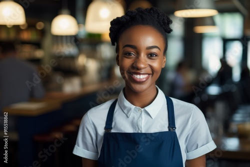 Portrait of a smiling young waitress at bar