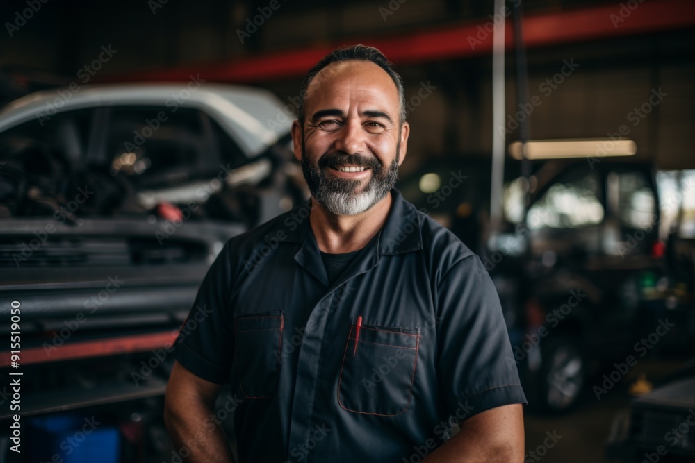 Smiling portrait of a middle aged car mechanic in workshop Smiling portrait of a middle aged car mechanic in workshop