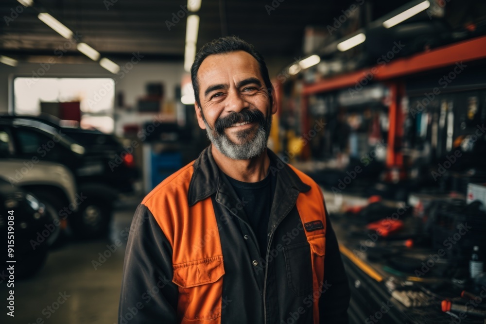Obraz premium Smiling portrait of a middle aged car mechanic in workshop