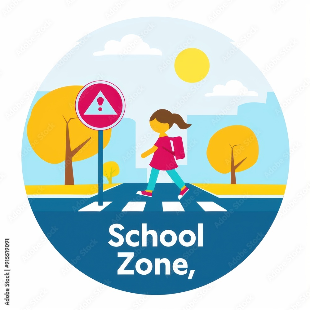 Fototapeta premium Cartoon illustration of a schoolgirl with a backpack crossing the street in a school zone, emphasizing pedestrian safety