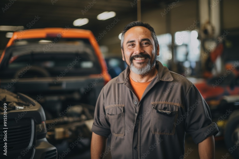 Smiling portrait of a middle aged car mechanic in workshop Smiling portrait of a middle aged car mechanic in workshop