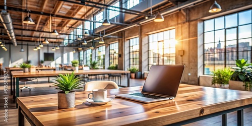 Modern coworking space with minimalist wooden desk, open laptop, and scattered notes, amidst a blurred background of industrial-chic architecture and natural light.