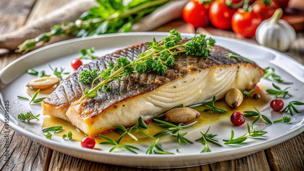 Savory fillet of fish, expertly seared to perfection, garnished with fresh herbs, plated on a chic white dish, amidst a stylish kitchen backdrop.