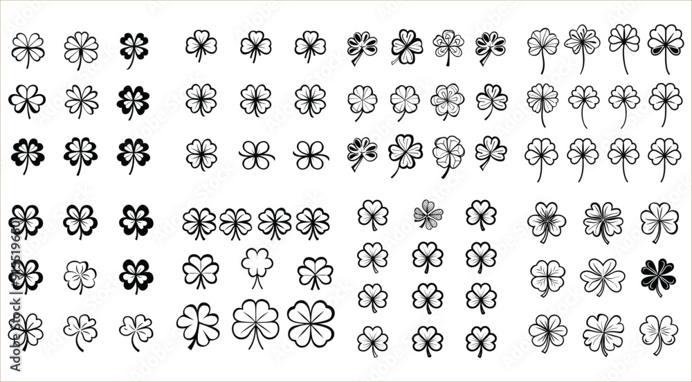 Set of three and four leaf silhouettes, Green four leaf clover symbol, Clover leaves icons vector, Black clover leaf set Set of three and four leaf silhouettes, Green four leaf clover symbol, Clover leaves icons vector, Black clover leaf set