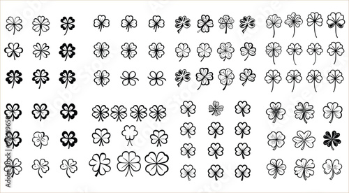 Set of three and four leaf silhouettes, Green four leaf clover symbol, Clover leaves icons vector, Black clover leaf set