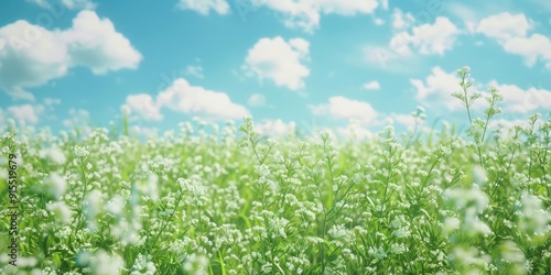 Soft focus bottom view of green steppe with small white flowers against a backdrop of blue sky with text space photo