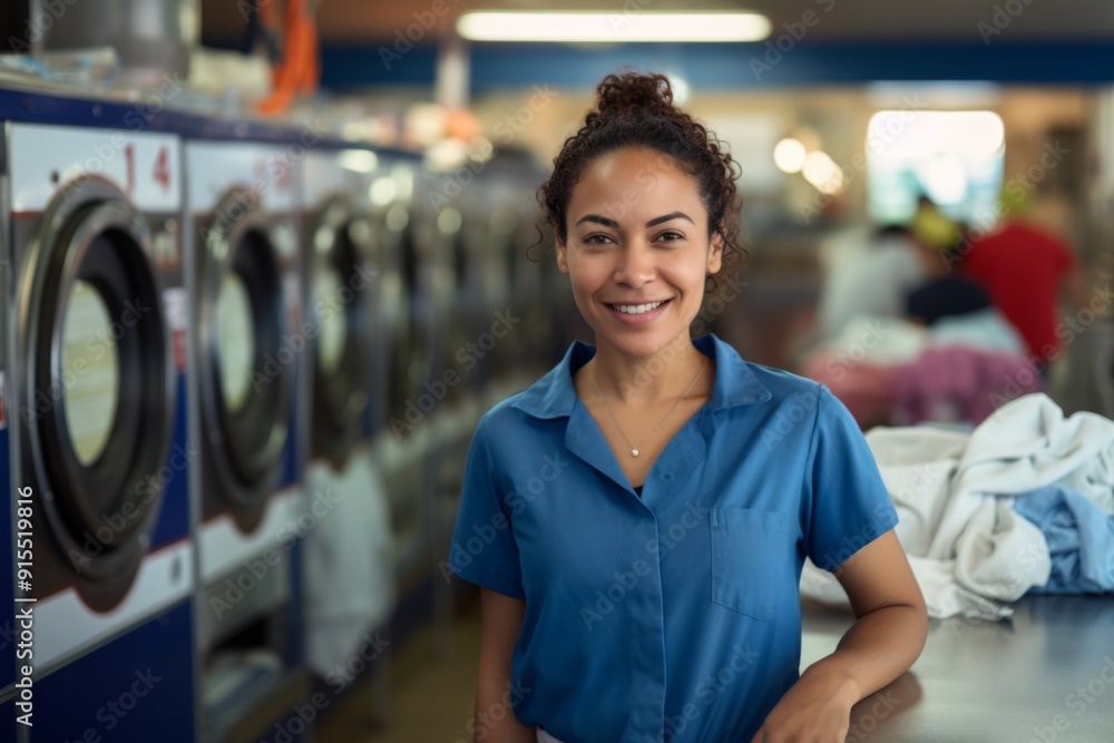 Fototapeta premium Portrait of a smiling Hispanic woman working at laundromat