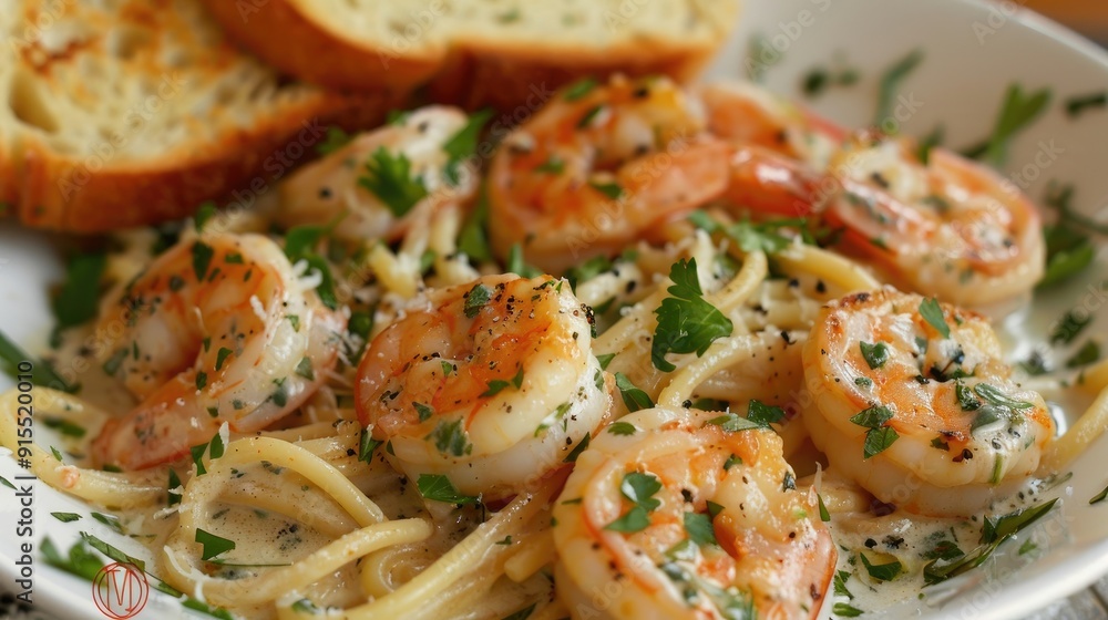Creamy shrimp scampi with linguine, parsley, and a side of garlic bread Creamy shrimp scampi with linguine, parsley, and a side of garlic bread