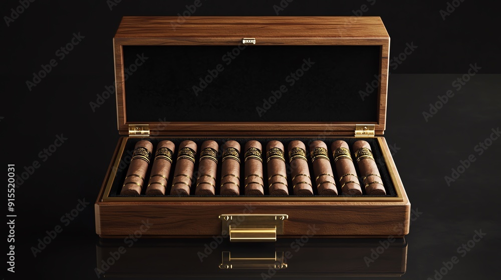 Elegant wooden box containing various cigars, perfect for storage and display. A luxurious addition to any collection. Elegant wooden box containing various cigars, perfect for storage and display. A luxurious addition to any collection.