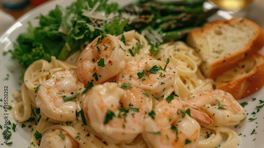 Creamy shrimp scampi with linguine, parsley, garlic bread, a side salad, and a side of roasted asparagus Creamy shrimp scampi with linguine, parsley, garlic bread, a side salad, and a side of roasted asparagus