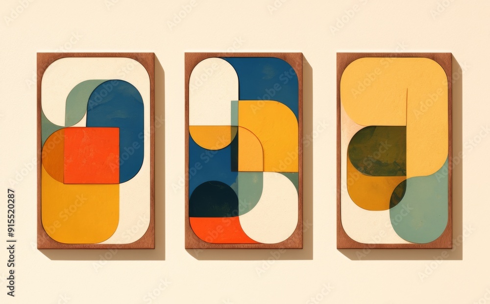 Three Wooden Frames with Abstract Art Panels Featuring Colorful Geometric Blocks on White Background Three Wooden Frames with Abstract Art Panels Featuring Colorful Geometric Blocks on White Background