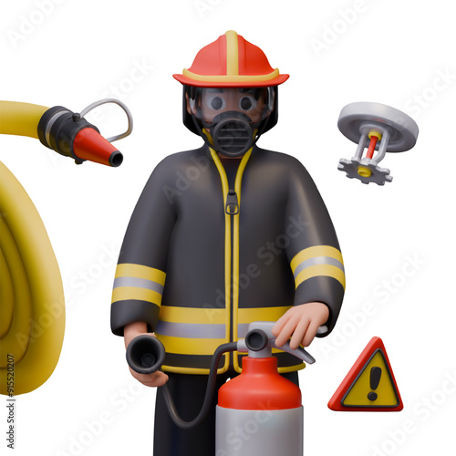 Firefighter in suit and respirator holds fire extinguisher. Male rescuer character