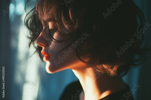 Silhouetted woman with short hair, backlit by warm light.