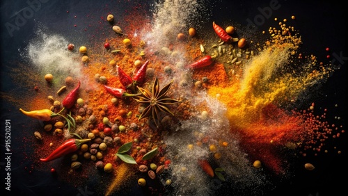Fototapeta Naklejka Na Ścianę i Meble -  Freeze motion of spice explosion against black background, spice, explosion, freeze, motion, black, background, powder