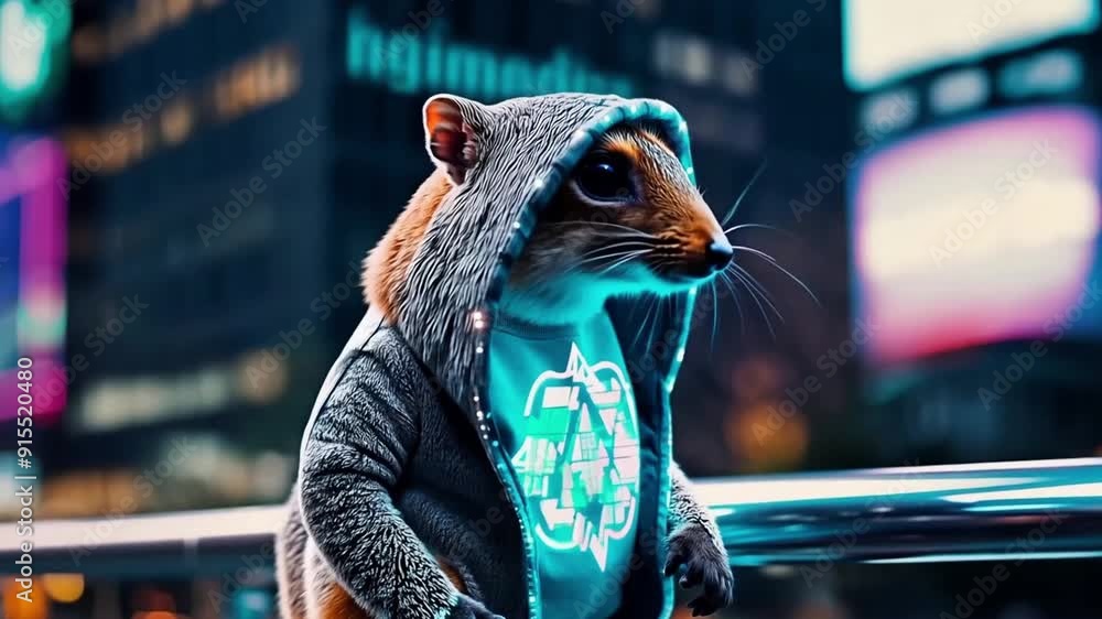 a squirrel wearing a jacket with a futuristic style while standing in the footage a squirrel wearing a jacket with a futuristic style while standing in the footage