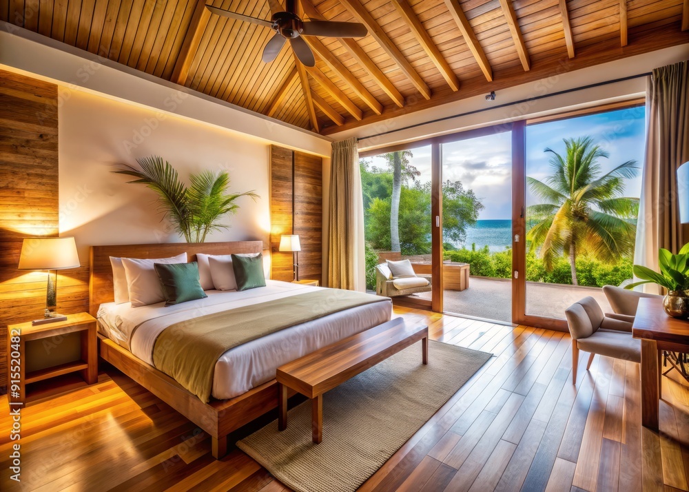 Serene hotel bedroom in Maldives' Maafushi Island features cozy king-size bed, warm wood furniture, and tropical-inspired interior décor for a relaxing getaway. Serene hotel bedroom in Maldives' Maafushi Island features cozy king-size bed, warm wood furniture, and tropical-inspired interior décor for a relaxing getaway.