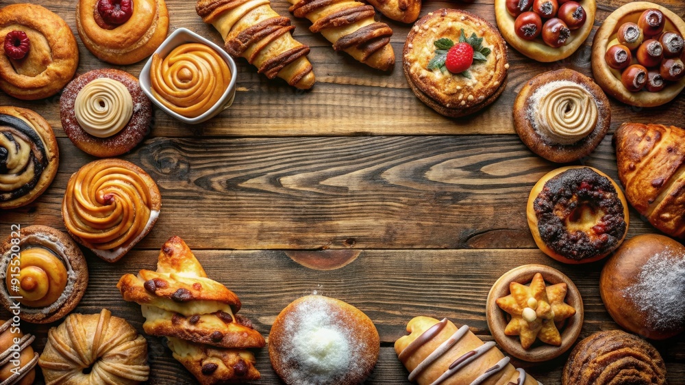 Table-top view of a selection of freshly baked sweet pastries, pastry, bakery, dessert, food, delicious, treat, breakfast Table-top view of a selection of freshly baked sweet pastries, pastry, bakery, dessert, food, delicious, treat, breakfast