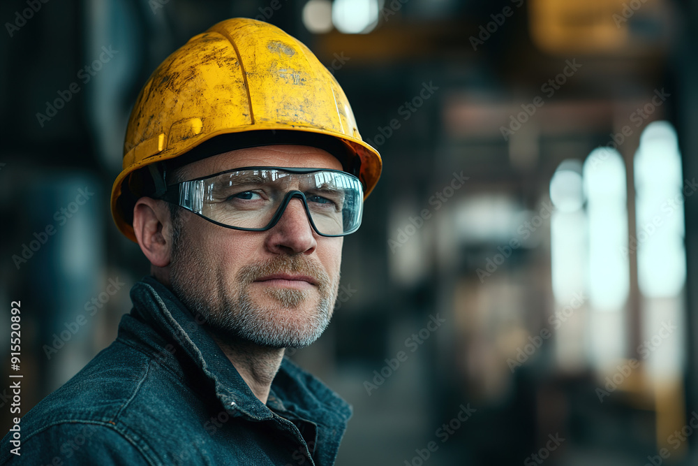 Professional steel plant worker in a yellow helmet and safety glasses, facing the camera with a blurred industrial background, photographed with a Sony Alpha a7 III and macro lens to showcase a safe w Professional steel plant worker in a yellow helmet and safety glasses, facing the camera with a blurred industrial background, photographed with a Sony Alpha a7 III and macro lens to showcase a safe w